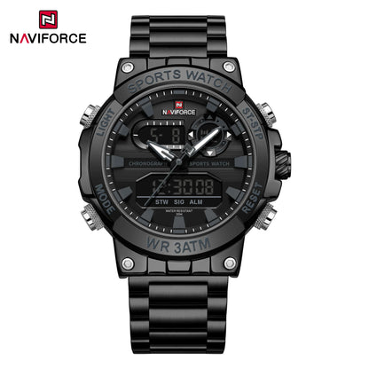 NAVIFROCE 9237 Stainless Steel Watch for Men Multi-funciton Double Display Chronograph Silver Blue Quartz Watches Waterproof