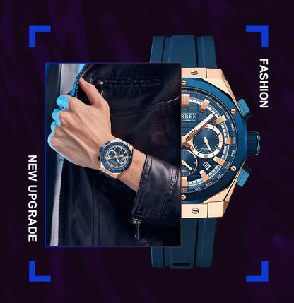 CURREN 8464 Watch for Men 2024 New Multifunctiton Chronograph Men Fashion Blue Silicone Strap Waterproof Calendar Quartz Watches
