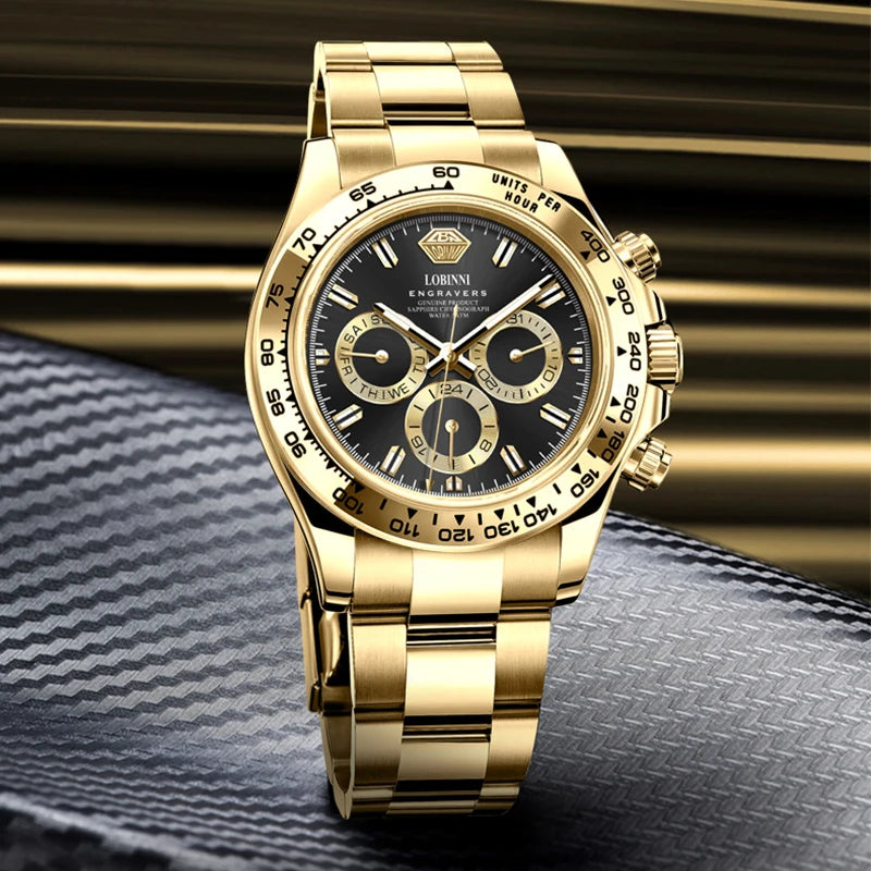 LOBINNI Luxury Brand Stainless Steel Fully Automatic Mechanical Watch Gold Color Men Watches