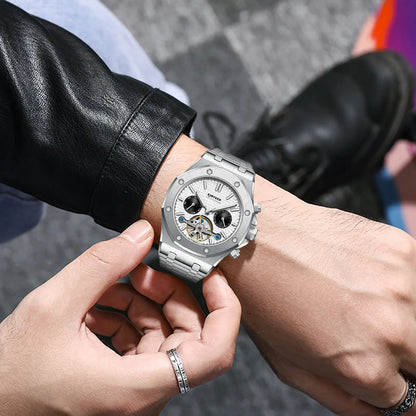 Custom Logo  J121 Business Stainless Steel Strap Watches Male Fashion Tourbillon Hollow Out Automatic Mechanical