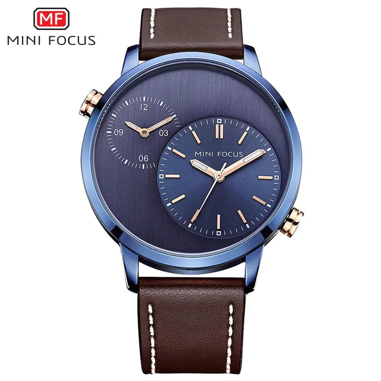 MINI FOCUS Fashion Genuine Leather Business 2 Time Zone Quartz-Watch Men Wristwatch Men Watches Fashion Casual Man Watch 0035G