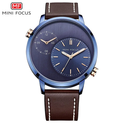 MINI FOCUS Fashion Genuine Leather Business 2 Time Zone Quartz-Watch Men Wristwatch Men Watches Fashion Casual Man Watch 0035G