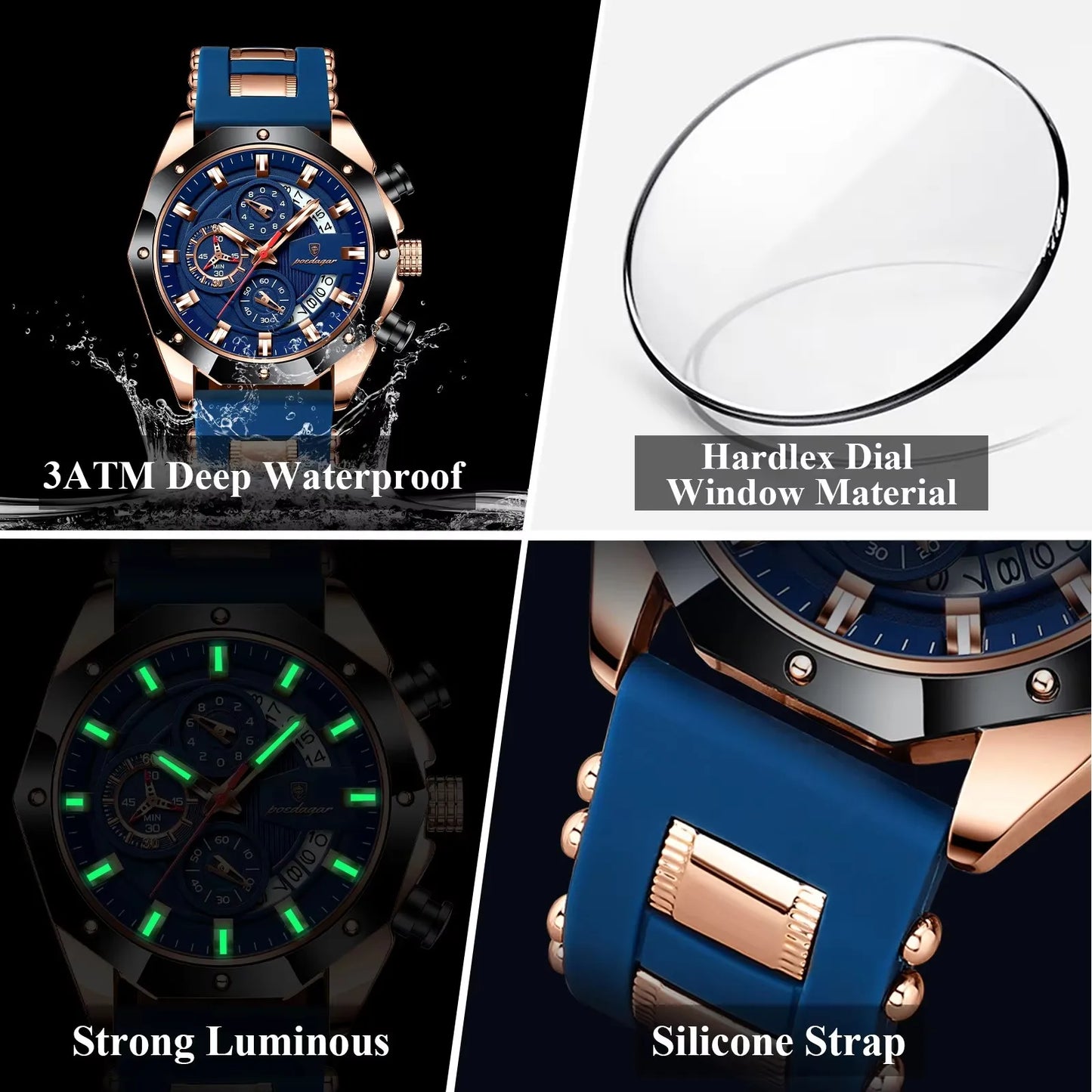 POEDAGAR 913 Fashion Luminous Hands Male Wristwatches Luxury Small Three Dial Sport Chronograph Calendar Silicone Strap Watches