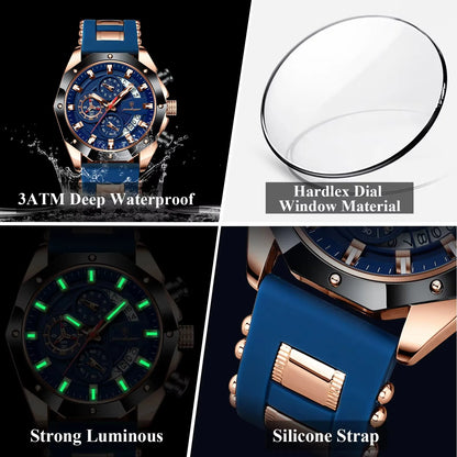 POEDAGAR 913 Fashion Luminous Hands Male Wristwatches Luxury Small Three Dial Sport Chronograph Calendar Silicone Strap Watches