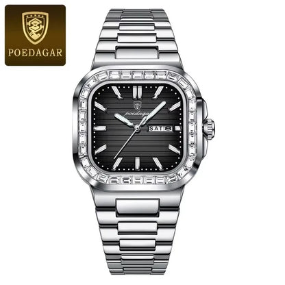 POEDAGAR Men Watch 975 Waterproof Luminous Date Sport Man Wristwatch Silver Blue Stainless Steel Diamond Quartz Men's Watches
