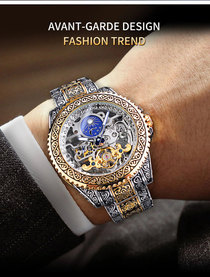 Hot Sale Vintage Engraved Skeleton Tourbillon Mechanical Men's Watches Luxury Moon Phase Clock Wholesale Watches
