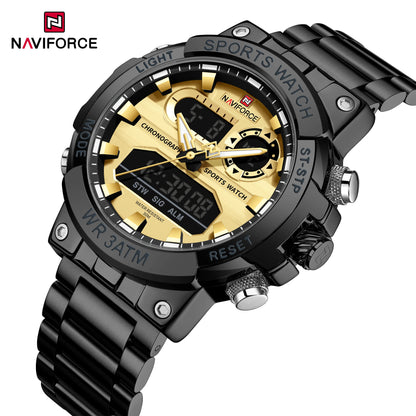 NAVIFROCE 9237 Stainless Steel Watch for Men Multi-funciton Double Display Chronograph Silver Blue Quartz Watches Waterproof