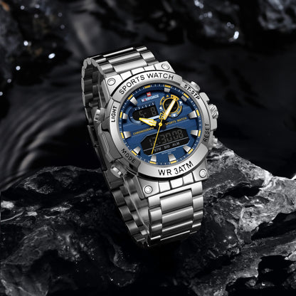 NAVIFROCE 9237 Stainless Steel Watch for Men Multi-funciton Double Display Chronograph Silver Blue Quartz Watches Waterproof