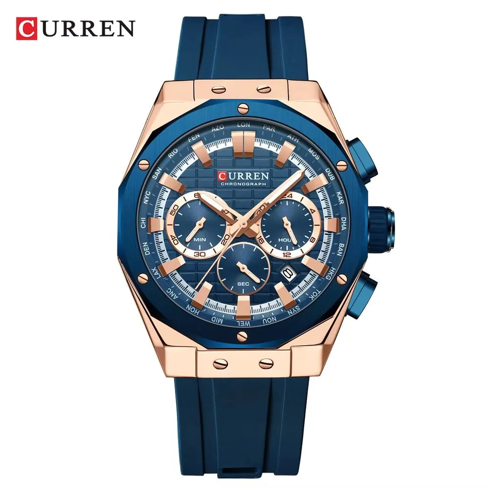 CURREN 8464 Watch for Men 2024 New Multifunctiton Chronograph Men Fashion Blue Silicone Strap Waterproof Calendar Quartz Watches