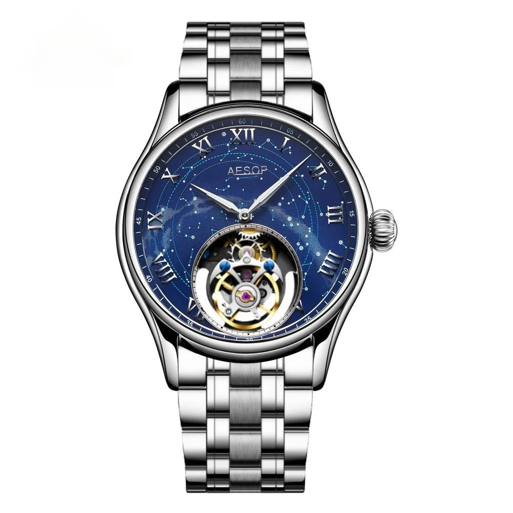AESOP Starry Sky Tourbillon Watch for Men Fashion Stainless Steel Waterproof Men's Mechanical Watches with Steel Strip