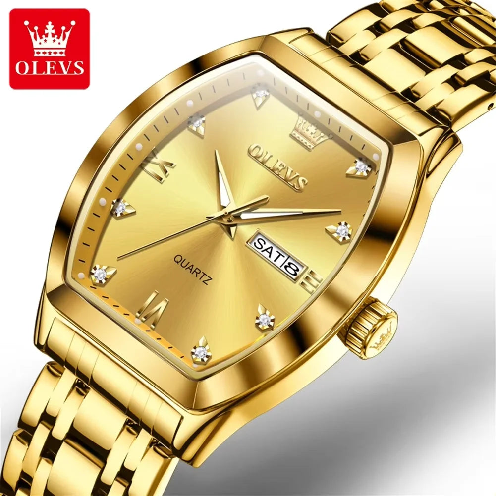 OLEVS 5528 Tonneau-shaped Men Watch Waterproof Watches for Men Stainless Steel Gloded Business Quartz Men Wristwatches Luminous