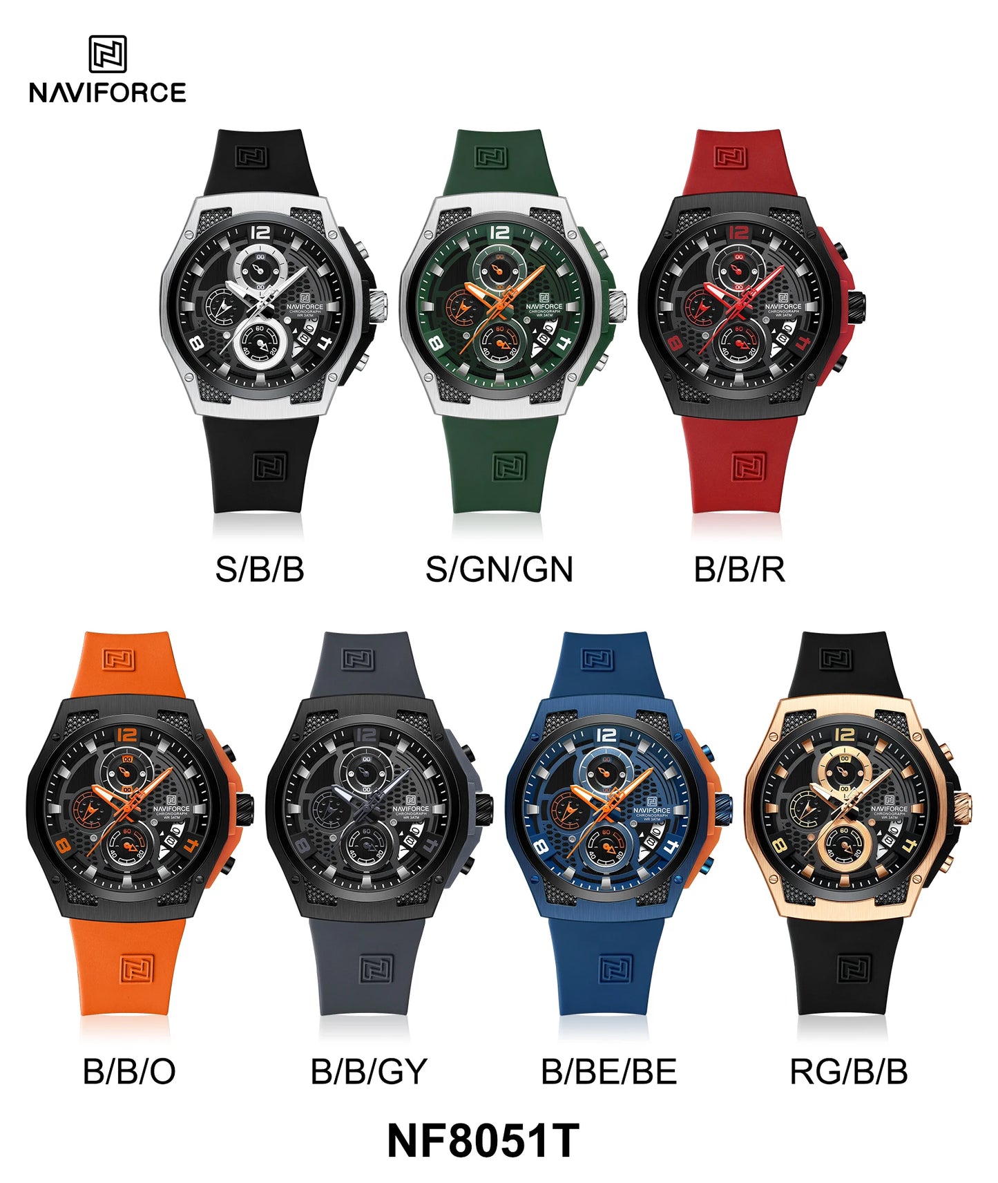 NAVIFORCE Men Sport Watch Fashion Chronograph Silicone Strap Waterproof Calendar Mens Luxury Black Gold Quartz Watches 8051