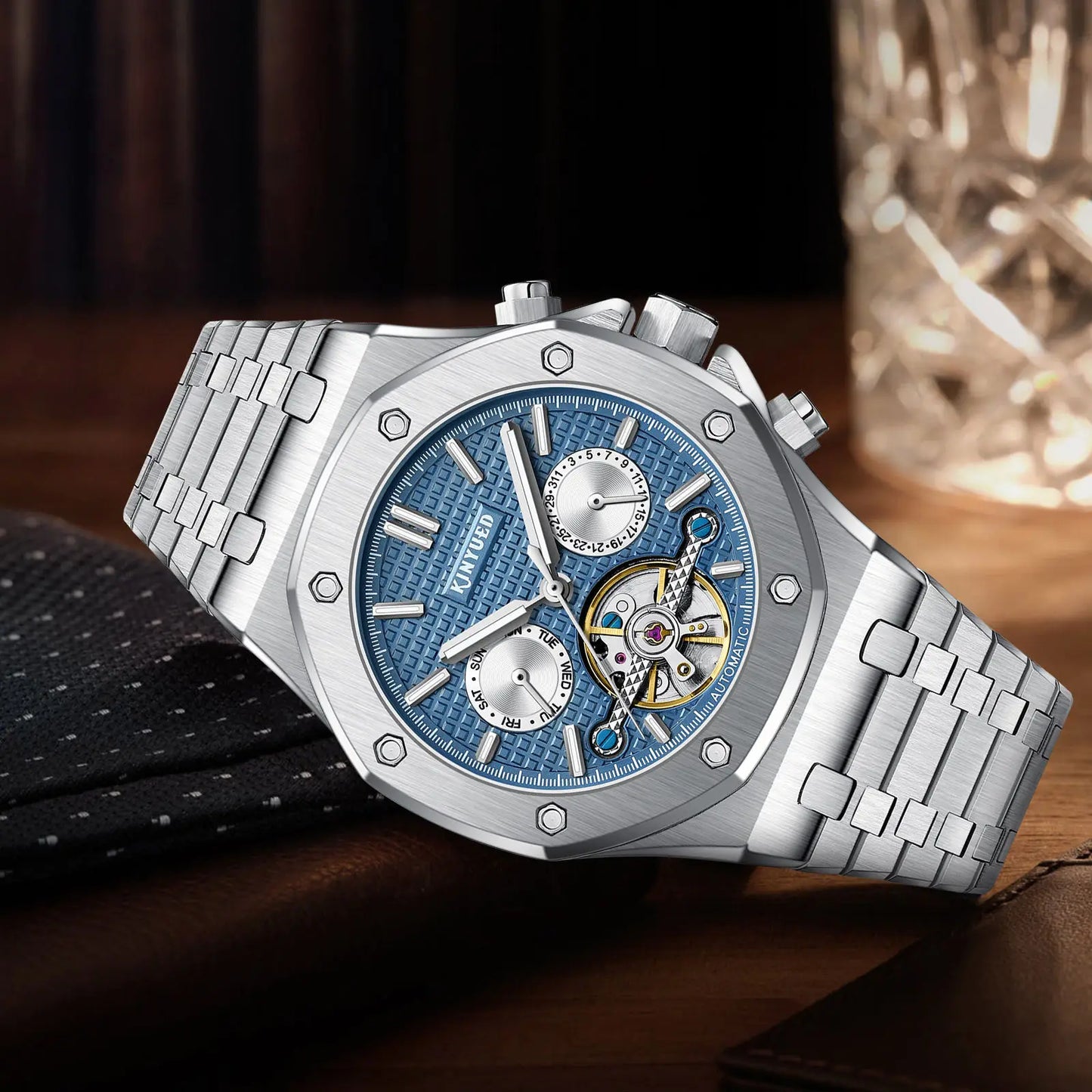 Custom Logo  J121 Business Stainless Steel Strap Watches Male Fashion Tourbillon Hollow Out Automatic Mechanical