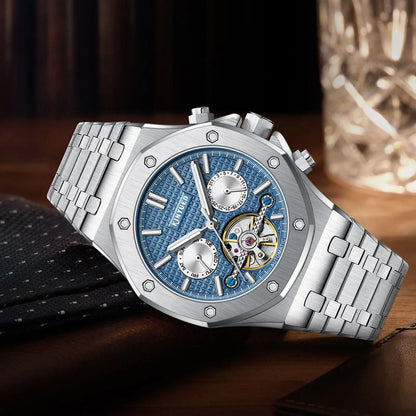 Custom Logo  J121 Business Stainless Steel Strap Watches Male Fashion Tourbillon Hollow Out Automatic Mechanical