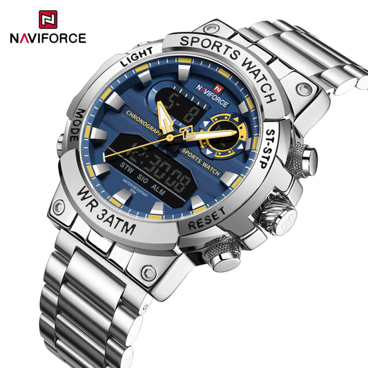 NAVIFROCE 9237 Stainless Steel Watch for Men Multi-funciton Double Display Chronograph Silver Blue Quartz Watches Waterproof