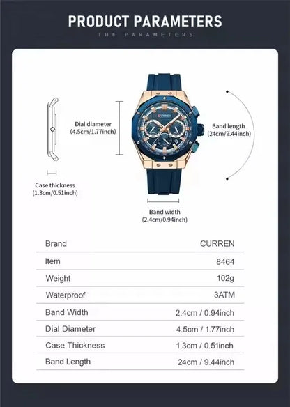 CURREN 8464 Watch for Men 2024 New Multifunctiton Chronograph Men Fashion Blue Silicone Strap Waterproof Calendar Quartz Watches