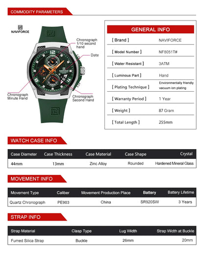 NAVIFORCE Men Sport Watch Fashion Chronograph Silicone Strap Waterproof Calendar Mens Luxury Black Gold Quartz Watches 8051