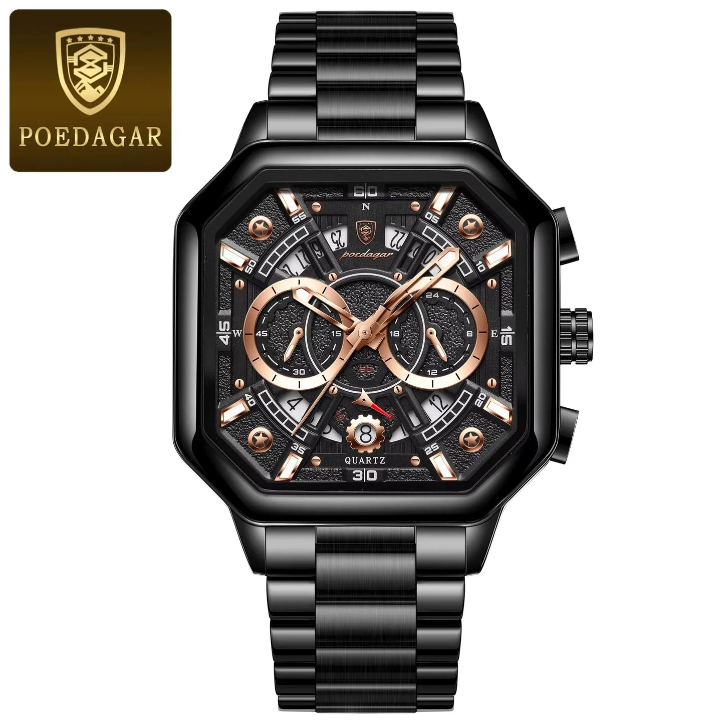 POEDAGAR 983 Men Square Waterproof Luminous Hands Watch Luxury Chronograph Sports Quartz Reloj Hombre Men's Stainless Watches