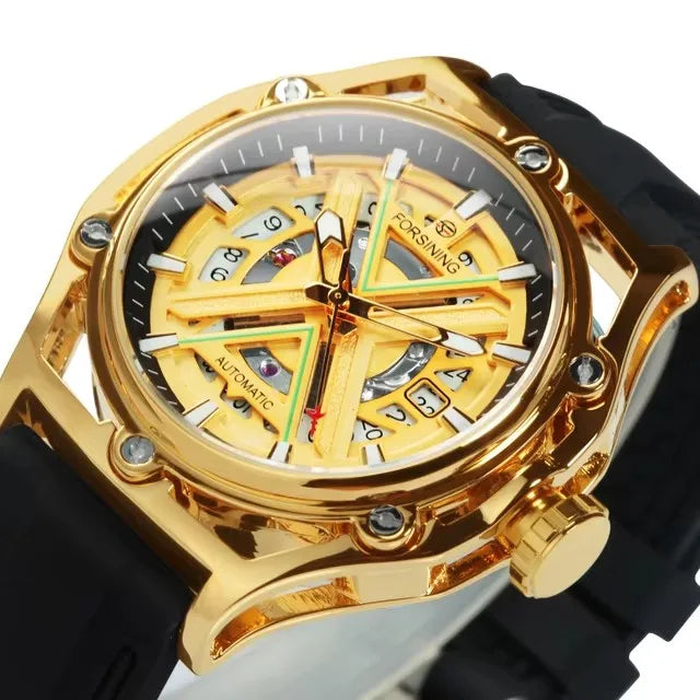 Forsining 8282 New Sports Gold Automatic Mens Watch Fashion Calendar Window Luminous Hands Rubber Luxury Mechanical Watches