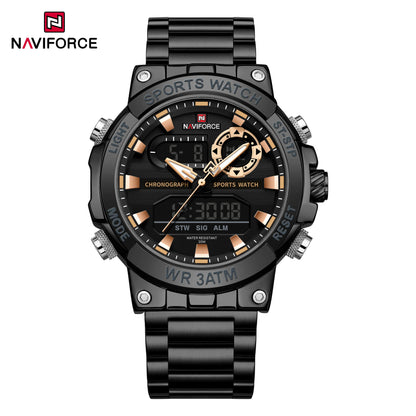 NAVIFROCE 9237 Stainless Steel Watch for Men Multi-funciton Double Display Chronograph Silver Blue Quartz Watches Waterproof