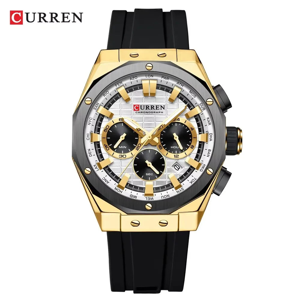 CURREN 8464 Watch for Men 2024 New Multifunctiton Chronograph Men Fashion Blue Silicone Strap Waterproof Calendar Quartz Watches