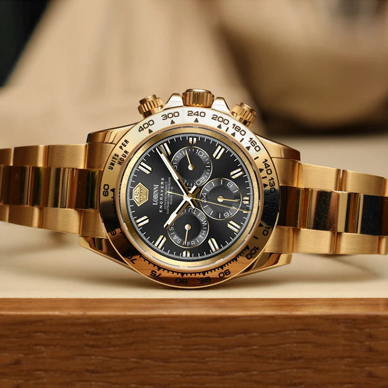 LOBINNI Luxury Brand Stainless Steel Fully Automatic Mechanical Watch Gold Color Men Watches