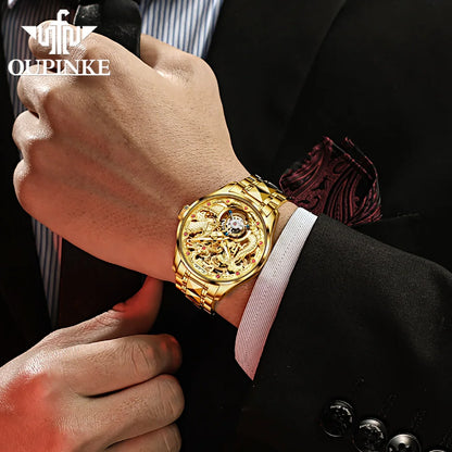 OUPINKE 3176 New Luxury Automatic Mesh Belt Mechanical Watches Waterproof Luminous Hollow Tourbillon Stainless Steel Strap Watch