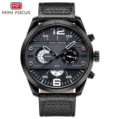 MINI FOCUS 0068G Men's Quartz Watches Leisure Waterproof Sport Chronograph Black Blue Leather Strap Wrist Watch for Male Clock
