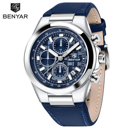 BENYAR Brand Men's 5206M Watches Top Luxury Watch for Men Chronograph Quartz Wristwatch Clock Waterproof Leather Reloj Hombr