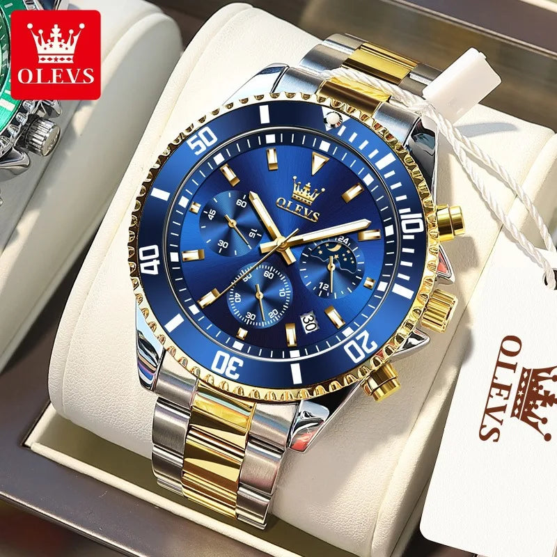 OLEVS 2870 Men's Watches Golden Stainless Steel Calendar Moon Phase Chronograph 42.5mm Big Dial Men's Wristwatches