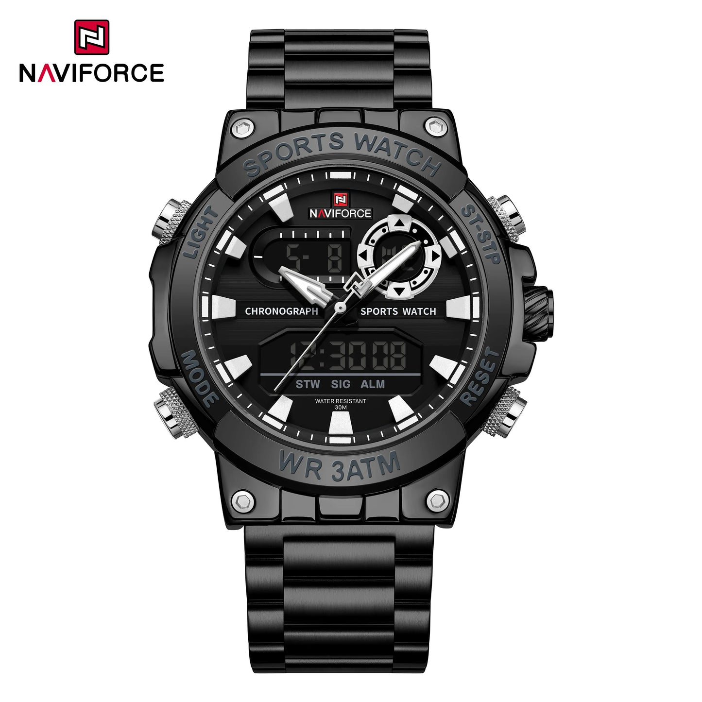 NAVIFROCE 9237 Stainless Steel Watch for Men Multi-funciton Double Display Chronograph Silver Blue Quartz Watches Waterproof