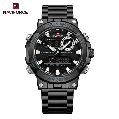 NAVIFROCE 9237 Stainless Steel Watch for Men Multi-funciton Double Display Chronograph Silver Blue Quartz Watches Waterproof