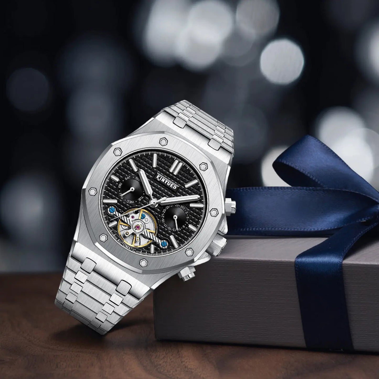 Custom Logo  J121 Business Stainless Steel Strap Watches Male Fashion Tourbillon Hollow Out Automatic Mechanical
