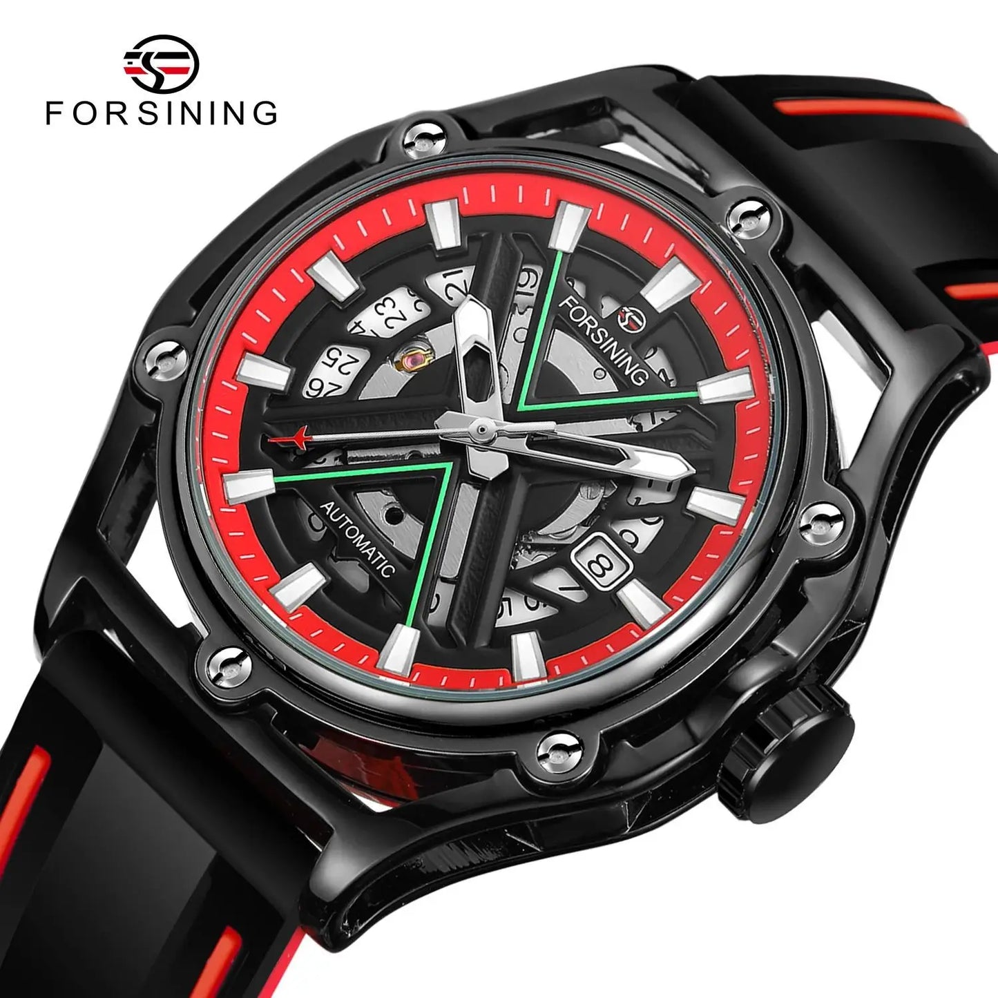 Forsining 8282 New Sports Gold Automatic Mens Watch Fashion Calendar Window Luminous Hands Rubber Luxury Mechanical Watches