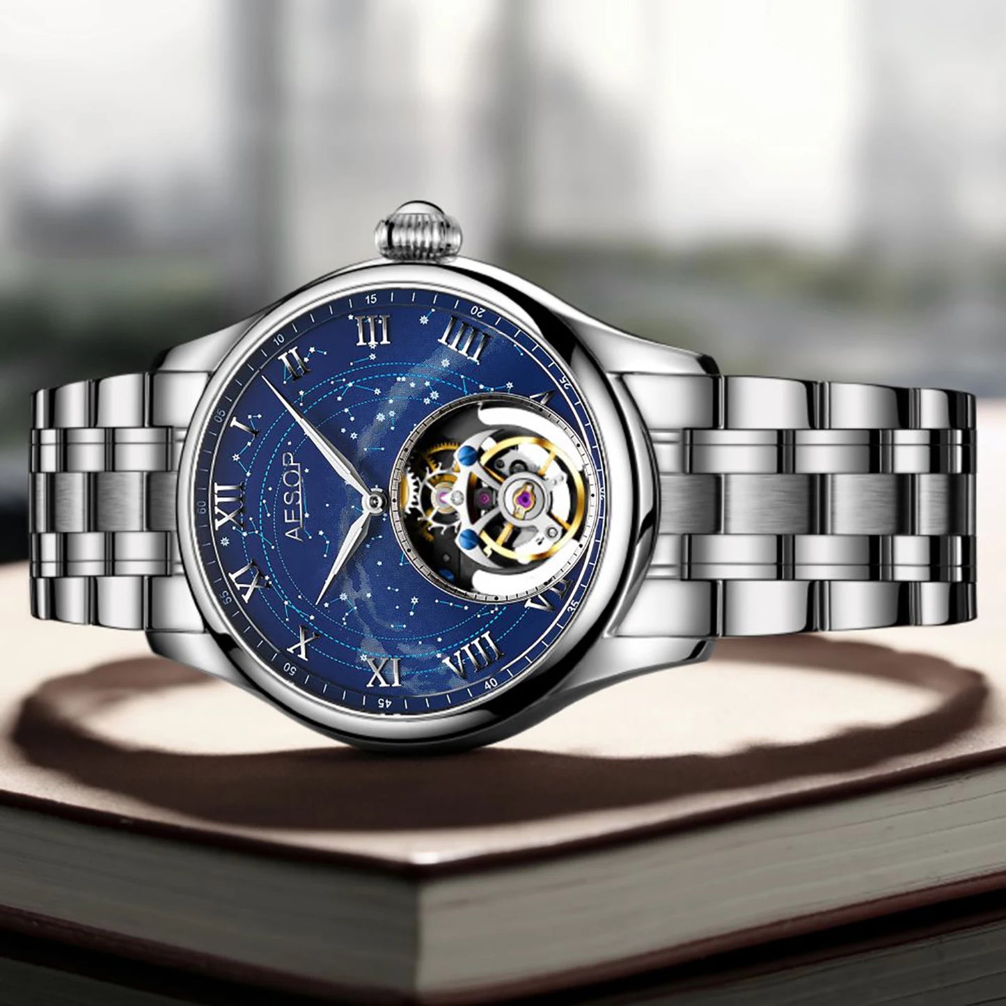 AESOP Starry Sky Tourbillon Watch for Men Fashion Stainless Steel Waterproof Men's Mechanical Watches with Steel Strip