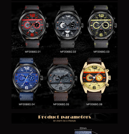 MINI FOCUS 0068G Men's Quartz Watches Leisure Waterproof Sport Chronograph Black Blue Leather Strap Wrist Watch for Male Clock
