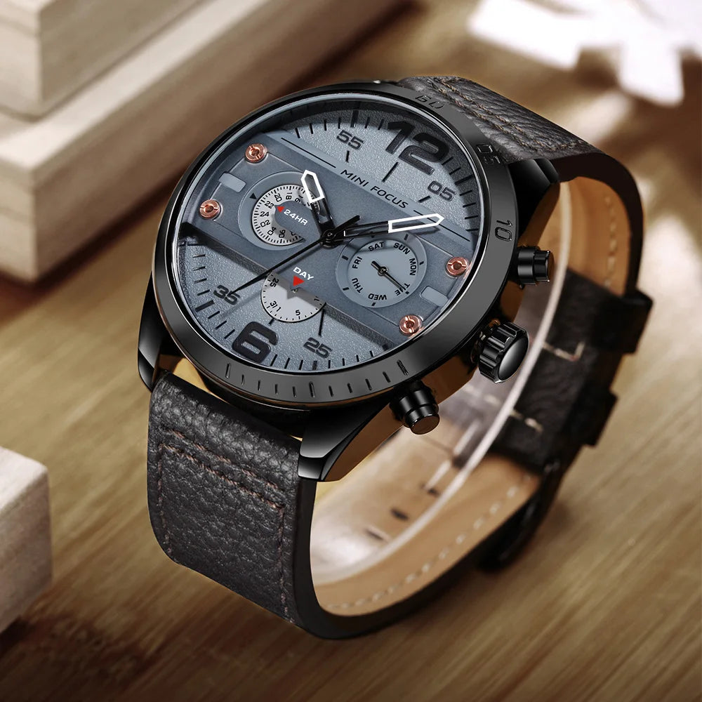 MINI FOCUS 0068G Men's Quartz Watches Leisure Waterproof Sport Chronograph Black Blue Leather Strap Wrist Watch for Male Clock