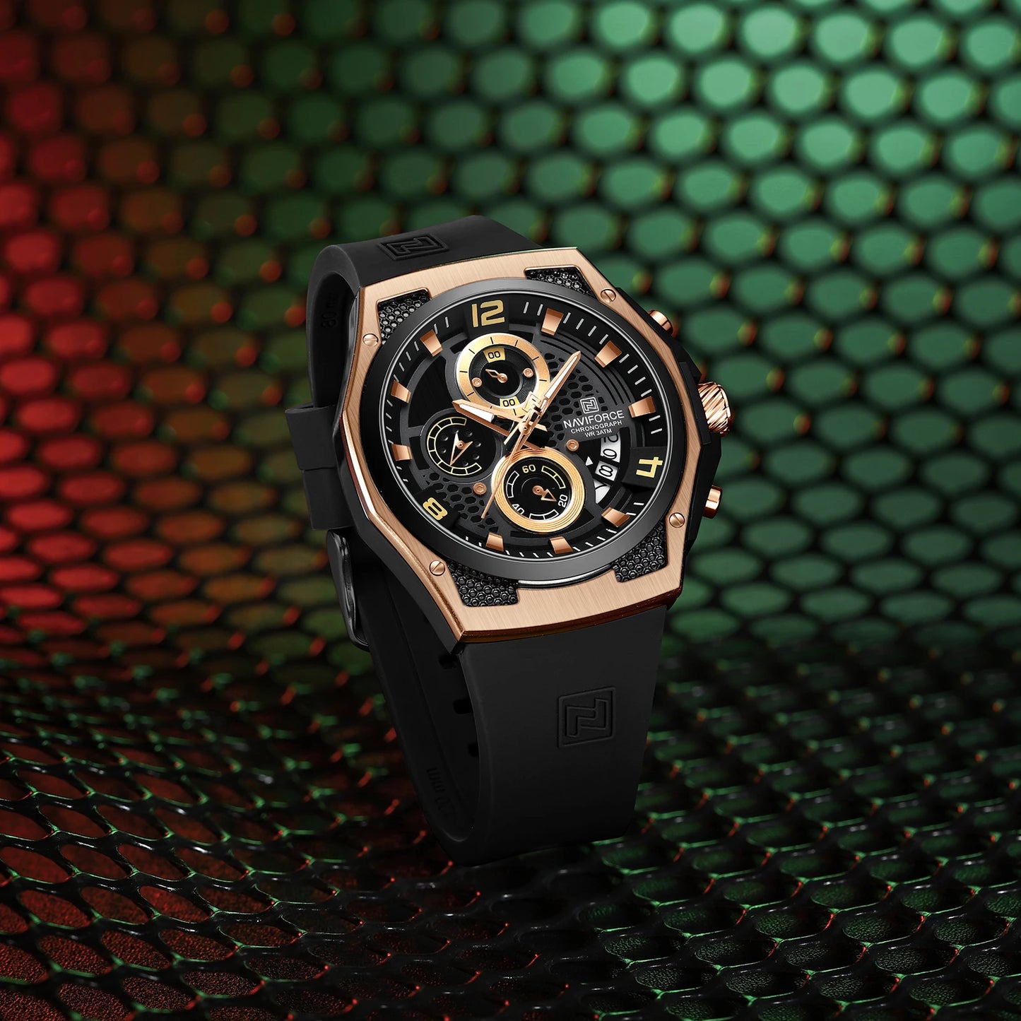 NAVIFORCE Men Sport Watch Fashion Chronograph Silicone Strap Waterproof Calendar Mens Luxury Black Gold Quartz Watches 8051