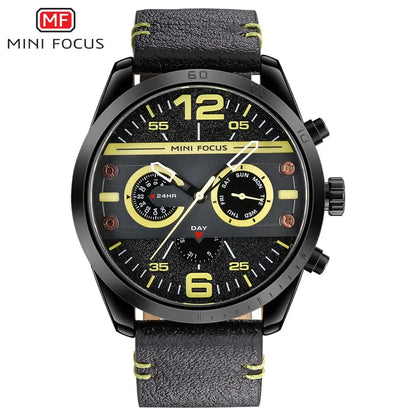MINI FOCUS 0068G Men's Quartz Watches Leisure Waterproof Sport Chronograph Black Blue Leather Strap Wrist Watch for Male Clock