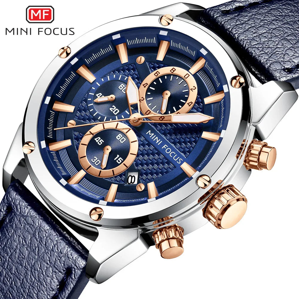 MINI FOCUS Quartz for Men Waterproof Sport Chronograph Wristwatch Blue Leather Strap Clock Fashion Mens Watches 0161G