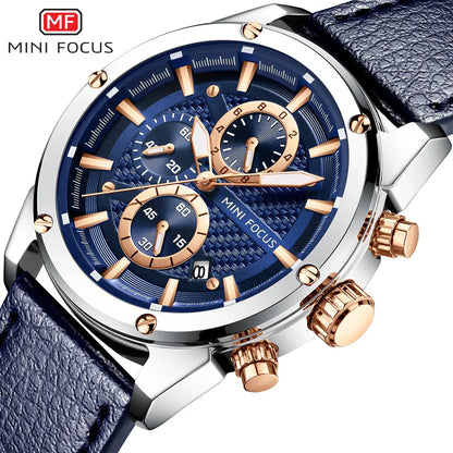MINI FOCUS Quartz for Men Waterproof Sport Chronograph Wristwatch Blue Leather Strap Clock Fashion Mens Watches 0161G