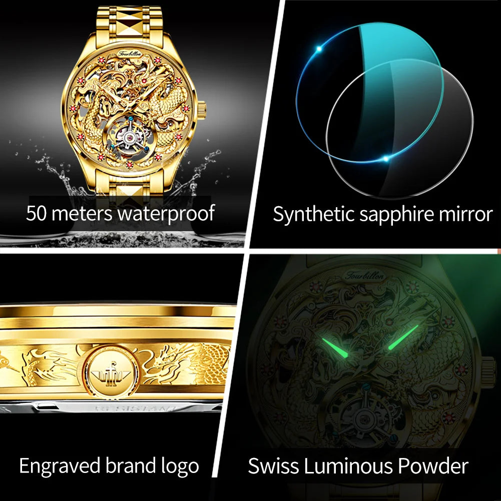 OUPINKE 3176 New Luxury Automatic Mesh Belt Mechanical Watches Waterproof Luminous Hollow Tourbillon Stainless Steel Strap Watch