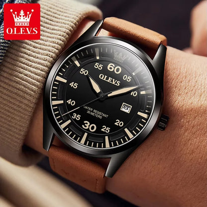 OLEVS 9962 Calendar Men's Watches Casual Sports Man Top Quartz Watch Men Genuine Leather Strap Waterproof Luminous Wristwatch