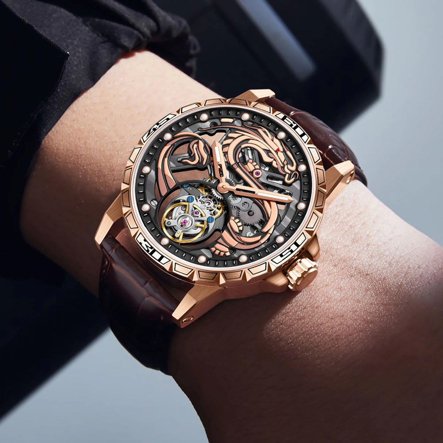 China Zodiac Dragon Flying Tourbillon Movement Manual-winding Watch Waterproof Men's Tourbillon Skeleton Mechanical Watches