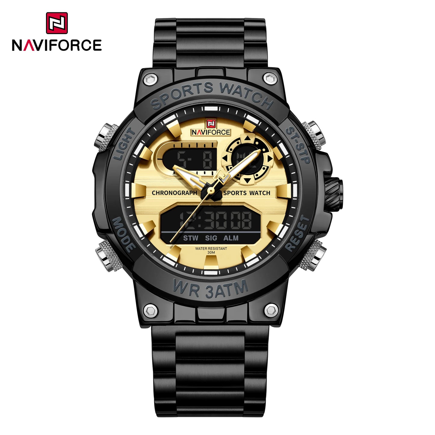 NAVIFROCE 9237 Stainless Steel Watch for Men Multi-funciton Double Display Chronograph Silver Blue Quartz Watches Waterproof