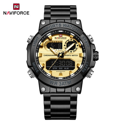 NAVIFROCE 9237 Stainless Steel Watch for Men Multi-funciton Double Display Chronograph Silver Blue Quartz Watches Waterproof