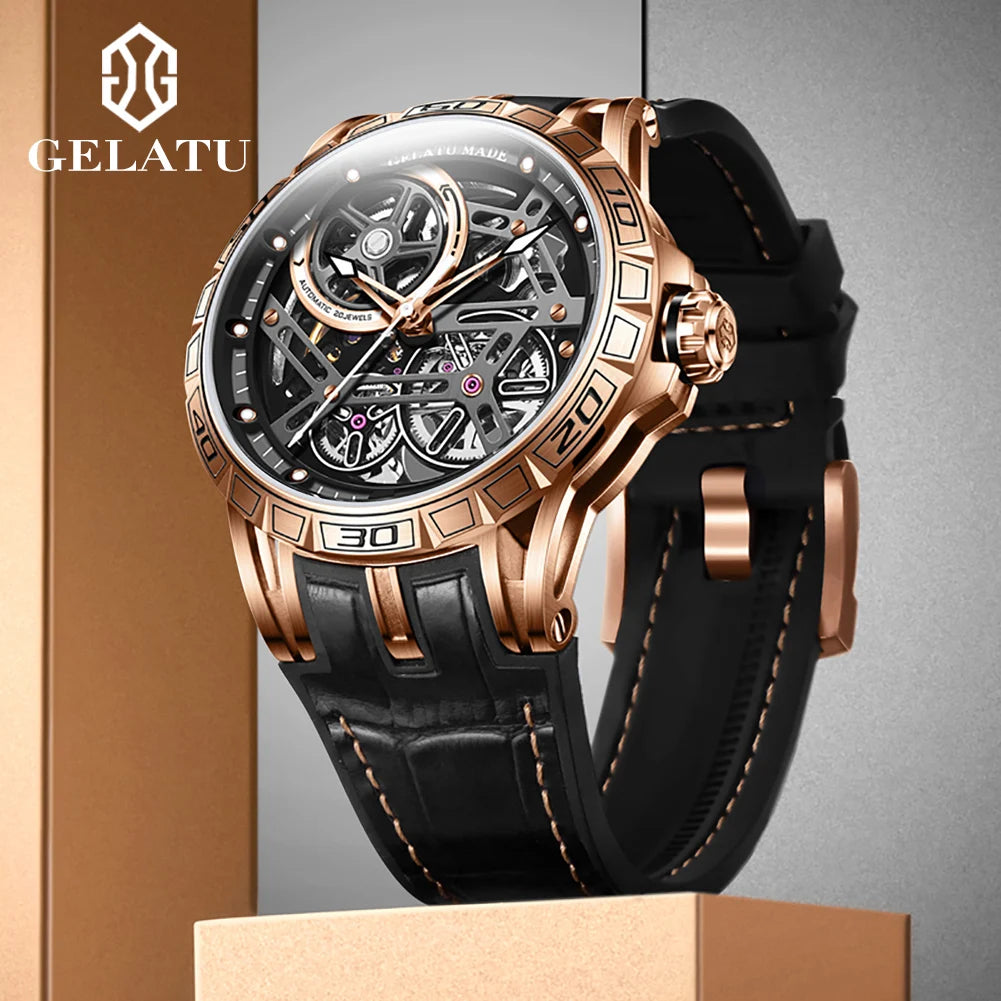 GELATU 6015  Men Watches  Luxury Fashion Waterproof Skeleton Sport Hollowed Custom logo Automatic Mechanical Watch for Man