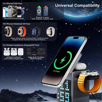 New 3 in 1 Magnetic Wireless Charging Station With Bluetooth Speaker Alarm Clock RGB Pixel Display Fast Charging for iPhone