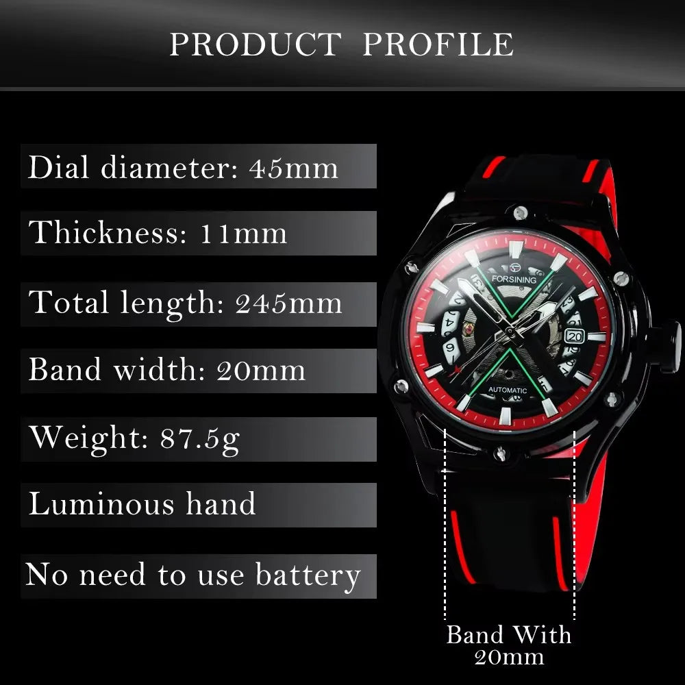 Forsining 8282 New Sports Gold Automatic Mens Watch Fashion Calendar Window Luminous Hands Rubber Luxury Mechanical Watches