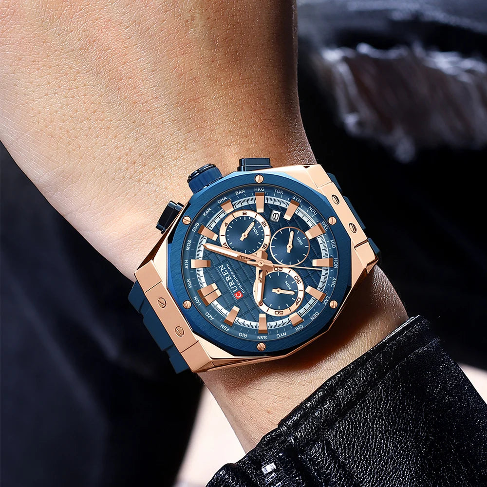 CURREN 8464 Watch for Men 2024 New Multifunctiton Chronograph Men Fashion Blue Silicone Strap Waterproof Calendar Quartz Watches
